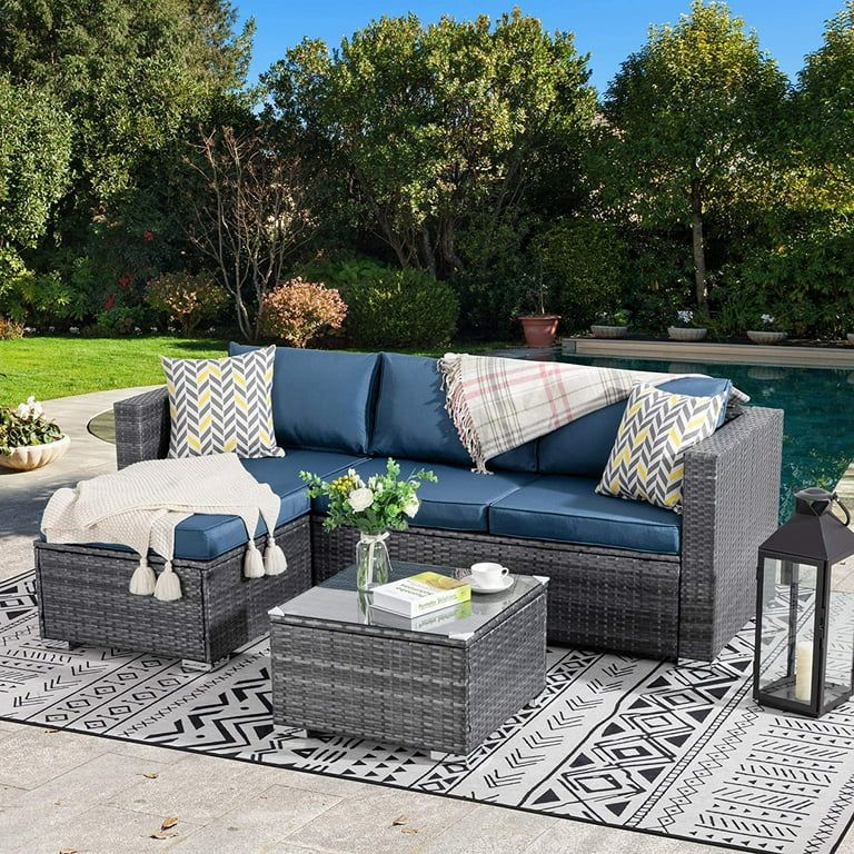 Walsunny 3 Piece Aegean Blue Outdoor Furniture Sectional Sofa Patio Set Silver Gray Rattan Wicker | Walmart (US)