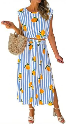 Tankaneo Womens Striped 2 Piece Skirt Sets Summer Lemon Print Sleeveless Tank Tops Maxi Dress Bea... | Amazon (US)