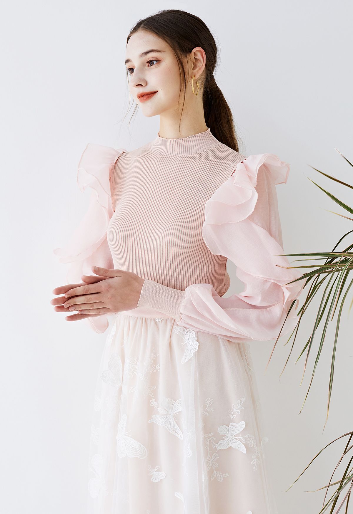 Tiered Ruffle Sleeves Spliced Knit Top in Pink | Chicwish