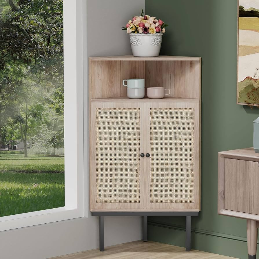Corner Cabinet with Handmade Decorative Natural Rattan Doors, Corner Shelf Stand, Corner Storage ... | Amazon (US)
