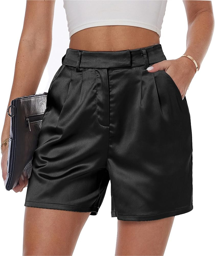 Women's Satin Silky Shorts Dressy Casual Party Wedding Club Shiny Metallic Pants Shorts | Amazon (US)