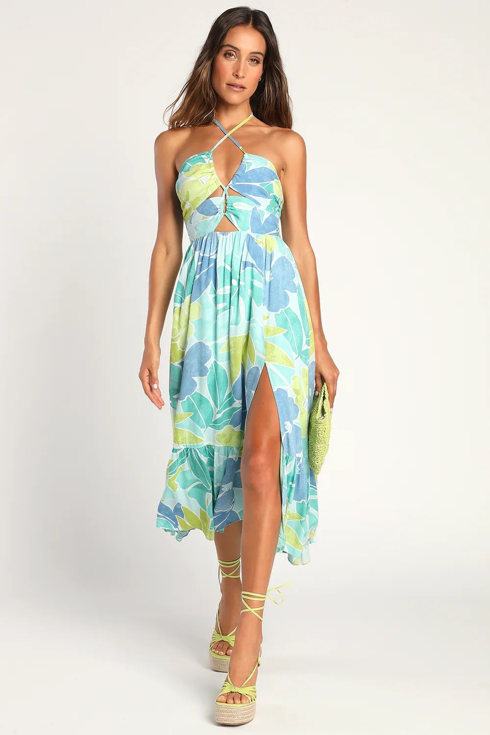 Exotic Days Light Green Tropical Print Cutout Halter Midi Dress | Lulus (US)