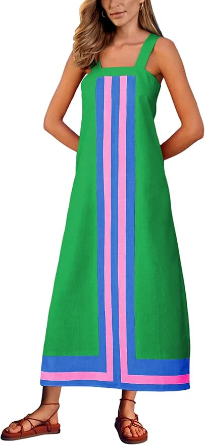 Ailoqing 2026 Women Bohemian Floral Dress Summer Casual Color Block Maxi Beach Overall Dress Cove... | Amazon (US)