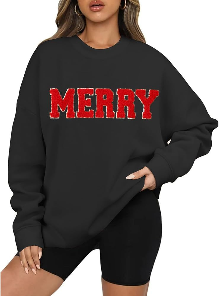 BOUTIKOME Merry Christmas Sweatshirts for Women Glitter Patch Merry Letter Shirts Chenille Patch ... | Amazon (US)