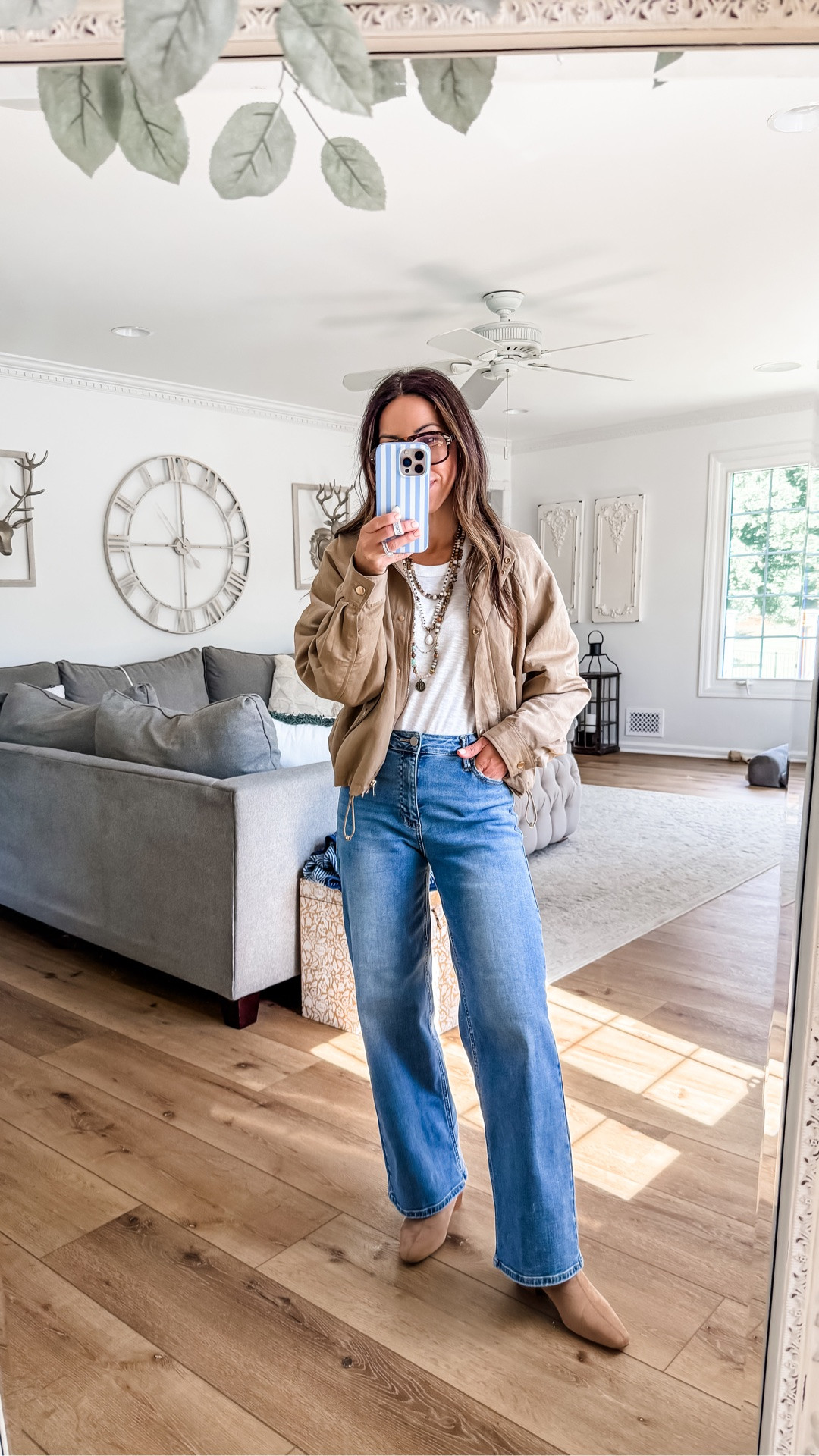 Wide leg jeans, 25. Fall jacket small. White T-shirt small. Boots TTS.

#LTKOver40 #LTKPetite