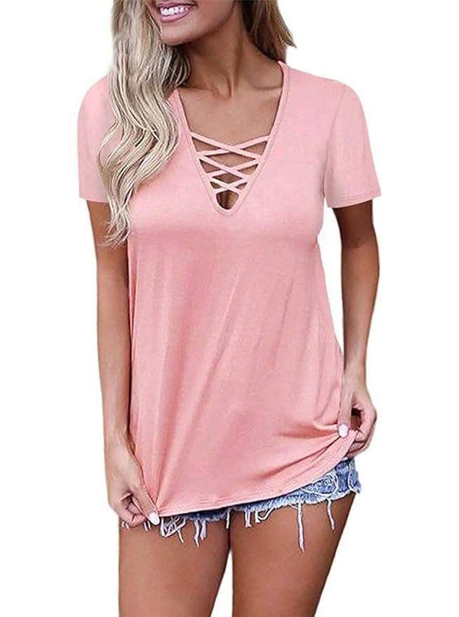 INFITTY Women's Casual V-Neck Tee Shirts Short Sleeve Criss Cross Sexy Tops Blouse | Amazon (US)