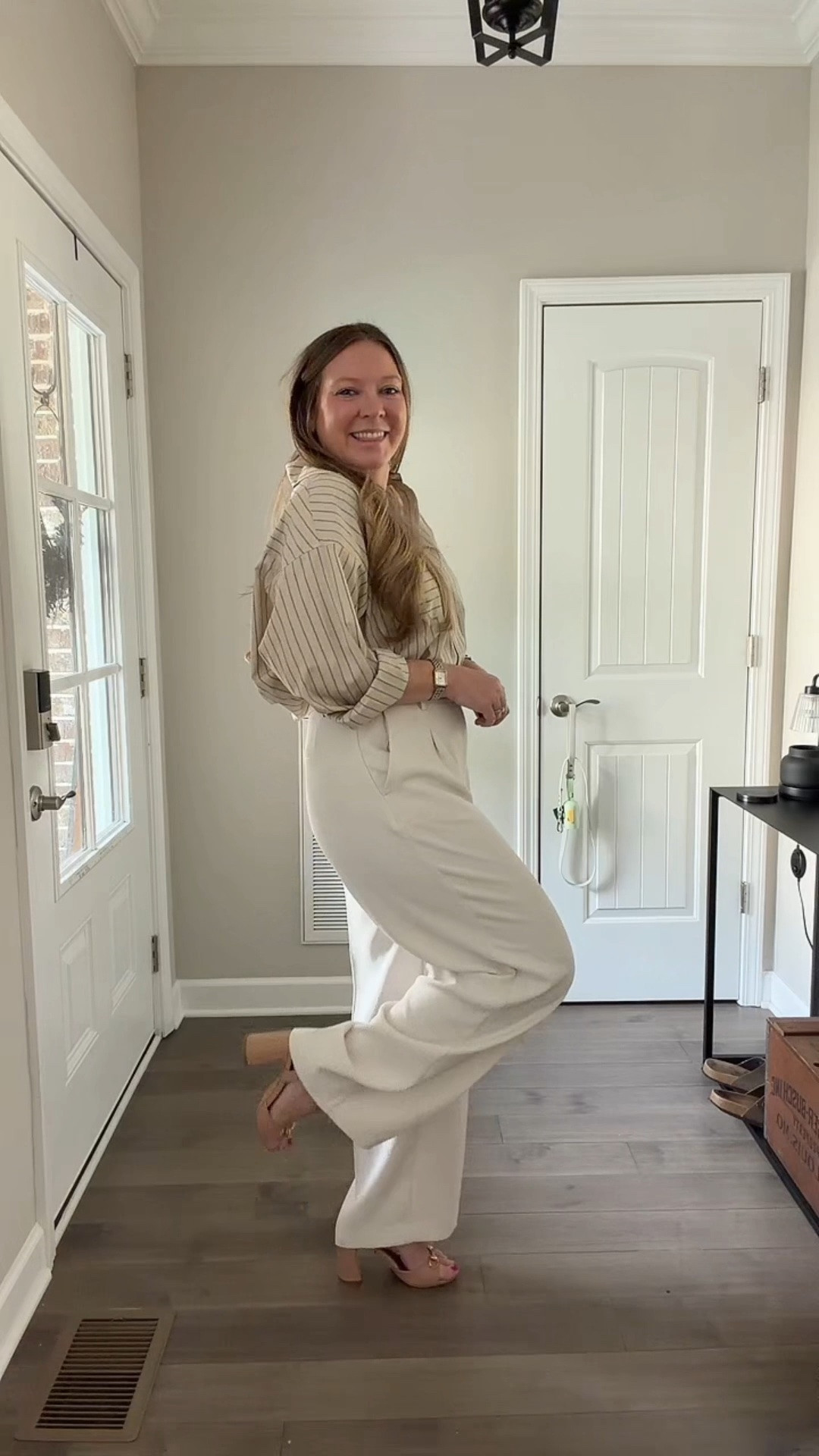 Cropped button down / tts wearing a medium 
Off white wide leg trousers / tts wearing a medium 
Designer inspired nude heels 
Nude leather belt 
Evil eye necklace 
Two tone watch 
Two tone ring and cuff bracelet

#LTKdayinmylife #LTKootd #LTKWorkwear
