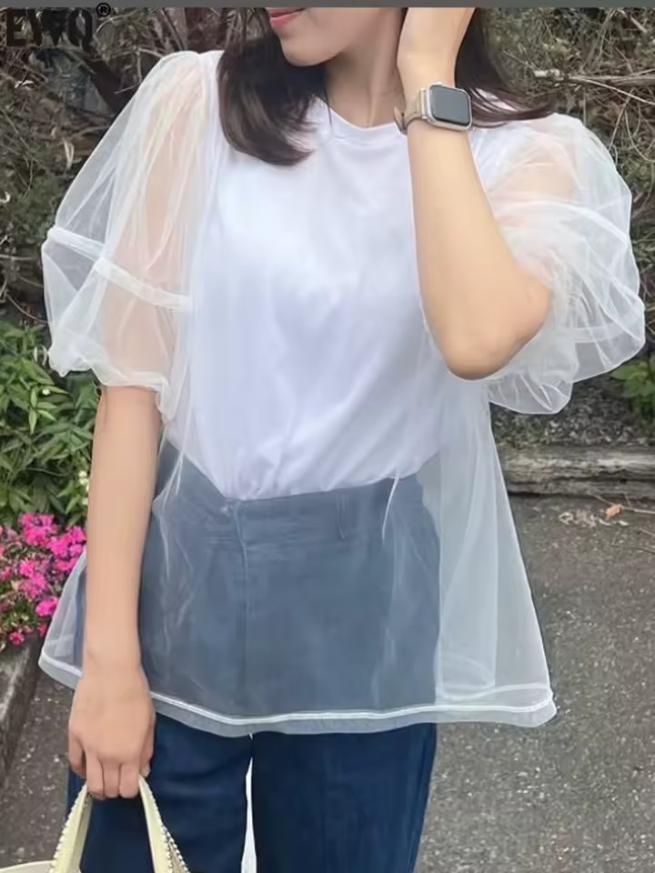 [EWQ] Pullover O-neck Short Puff Sleeve Gauze Patchwork Fake Two Piece T-shirt Chic Loose Casual ... | AliExpress (US)