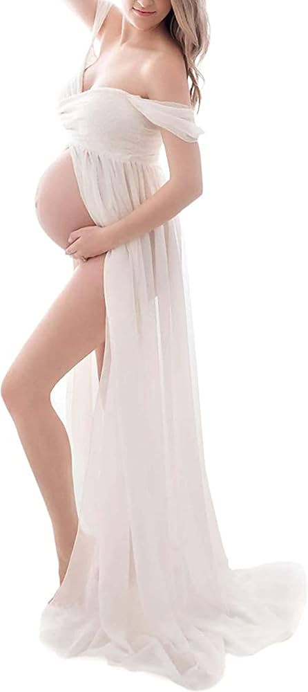 Open Belly Maternity Dresses for Photography Off Shoulder Chiffon Gown Split Front Maxi Pregnancy... | Amazon (US)