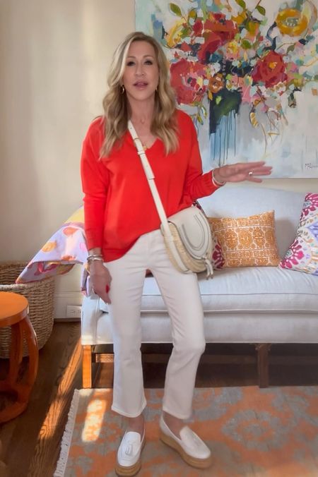 Add a sweater in deep coral as a pop of color with white jeans and fabulous white platform loafers!  The bag is Chloe and I’ve linked similar!


#LTKstyletip #LTKshoecrush #LTKSeasonal