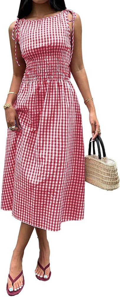 Acelitt Summer Maxi Dresses for Women 2026 Smocked Waist Gingham Dress Flowy A Line Beach Long Su... | Amazon (US)