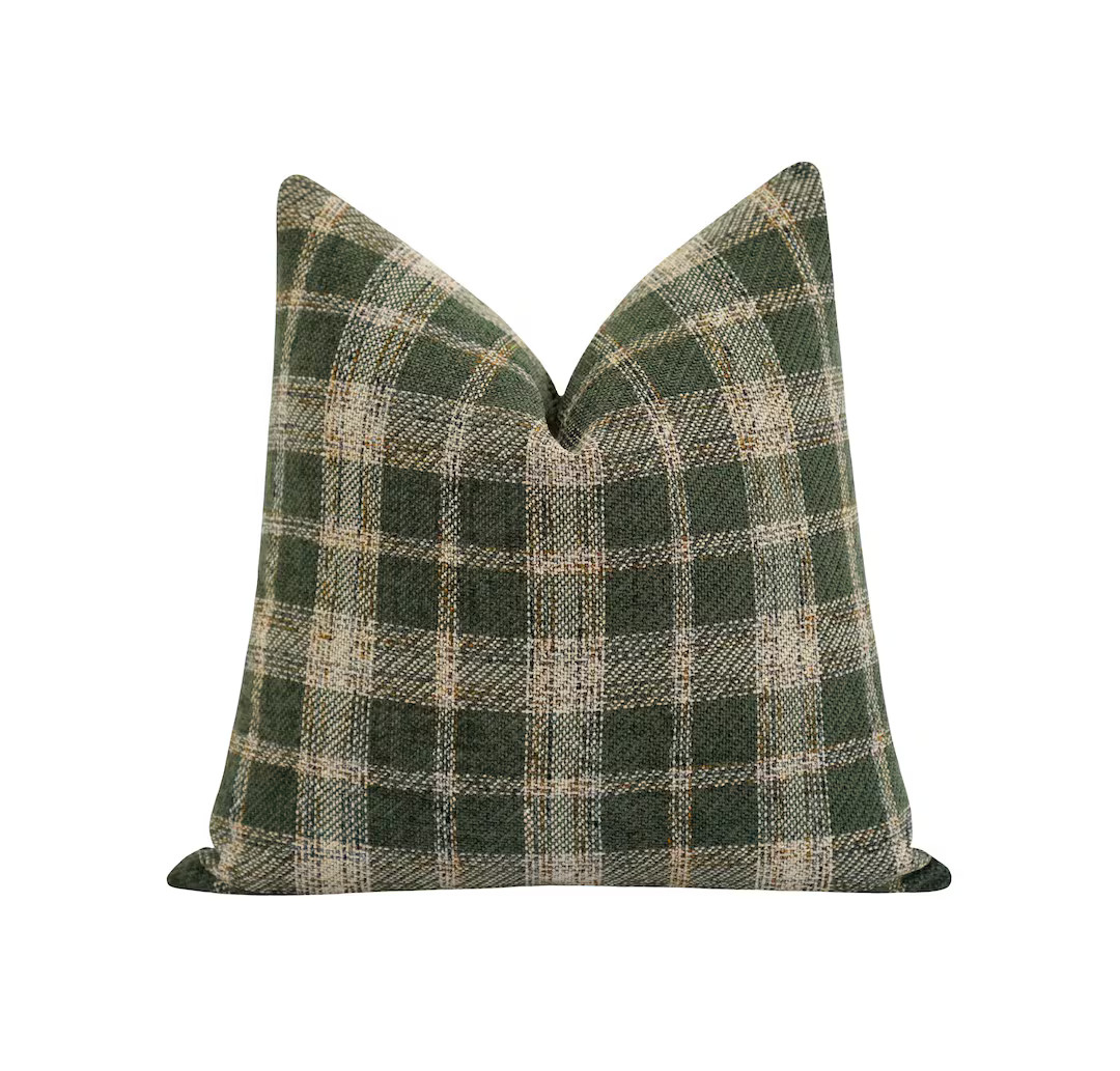 Soft Green Chenille Plaid Pillow Cover, Rustic Woven Throw Pillow Case, Cozy Green & Tannish Beig... | Etsy (US)