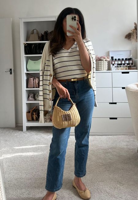 Striped outfit, nautical style, denim and stripes, Miu Miu bag, blue denim jeans, Hobbs outfit, striped cardigan, casual chic style, ballet pumps, woven bag, summer bag, summer style, transitional outfit 

#LTKSeasonal #LTKeurope #LTKstyletip