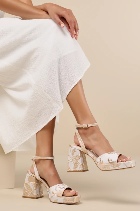 Shirine White and Gold Jacquard Platform Ankle Strap Pumps | Lulus