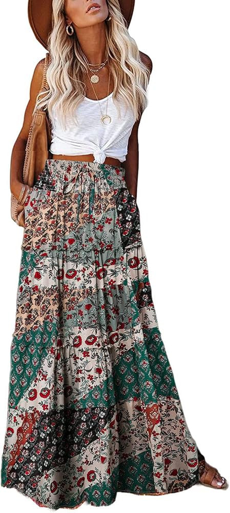 EARKOHA Womens Casual High Waist Tiered Paisley Print Long Maxi Skirt with Pockets | Amazon (US)