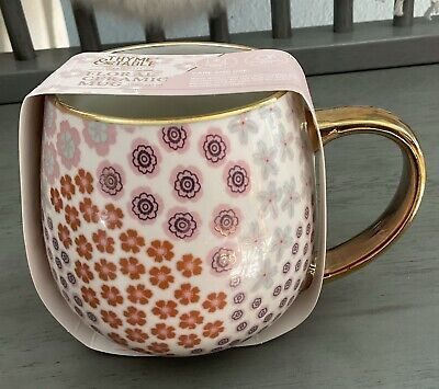 Viral Thyme & Table Coffee Mug Pink Floral Design Gold Rim Handle 18 Oz NEW | eBay US