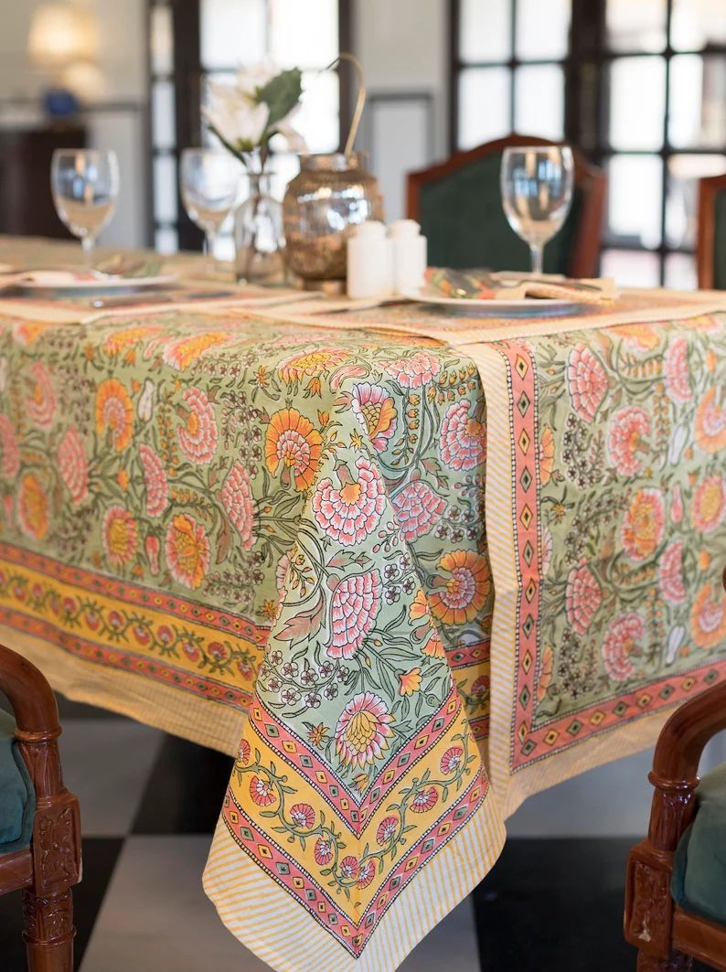 Indian Floral Block Print Tablecloth Cotton Table Cover Linens - Etsy | Etsy (US)