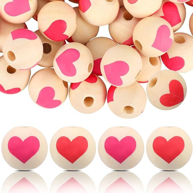 Yookeer 100 Pcs Valentine's Day Wood Beads 16mm Pink Wooden Hearts Beads Colorful Wood Round Bead... | Amazon (US)