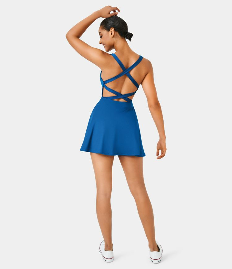 Crisscross Backless Flare 2-Piece Pocket Dance Active Dress | HALARA