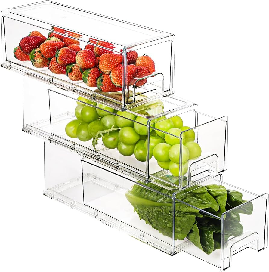 Moretoes Fridge Organizer Drawers, 3 Pack Refrigerator Organizer Bins Clear Stackable Storage Dra... | Amazon (US)