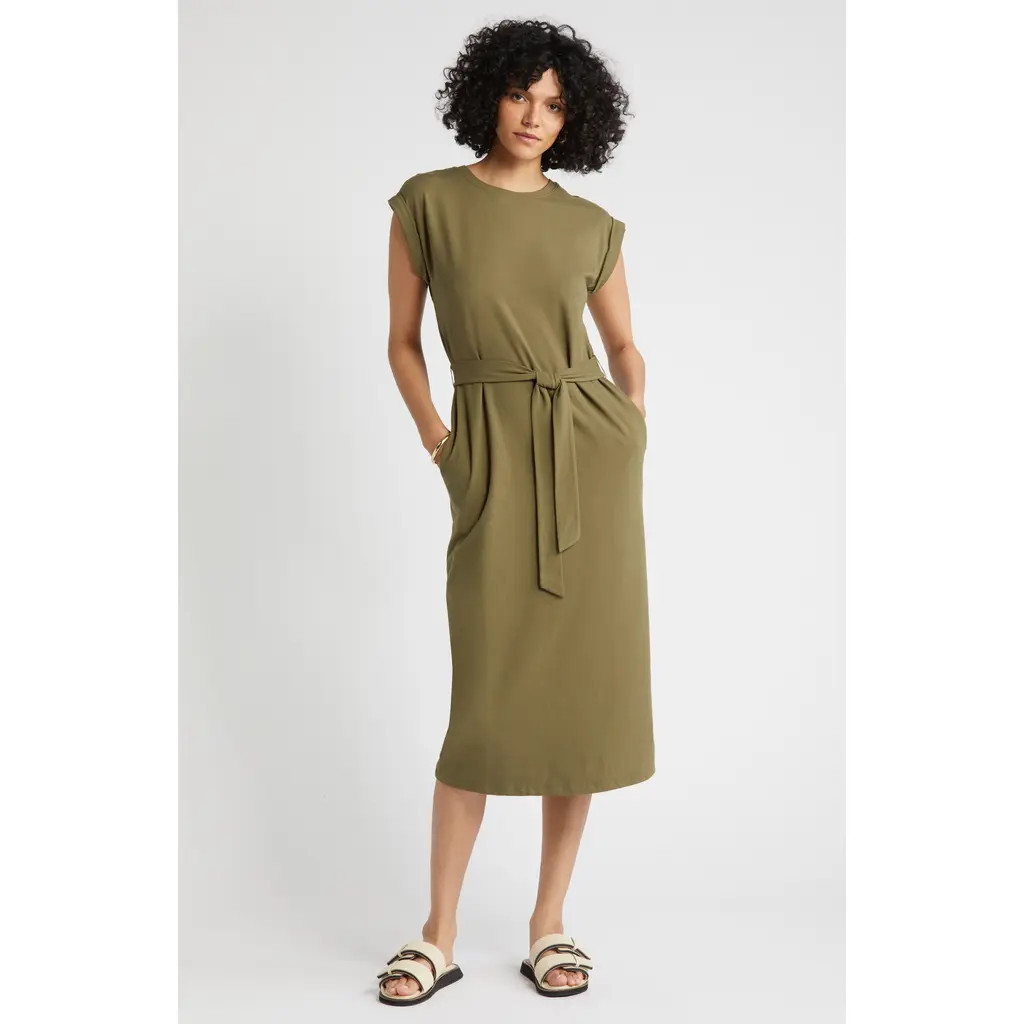 Nordstrom Tie Waist Stretch Cotton Knit Dress in Olive Burnt at Nordstrom, Size Small | Nordstrom