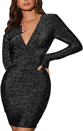 Sexy Sparkly Bodycon Dress for Women - Long Sleeve Deep V Neck Ruched Sequin Casual Club Midi Pen... | Amazon (US)