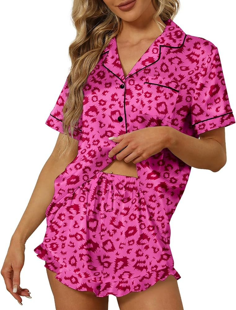 SAPJON Satin Silk Pajamas for Women 2Pcs Ruffle Notch Collar Sleepwear Button Down Short Sleeve S... | Amazon (US)