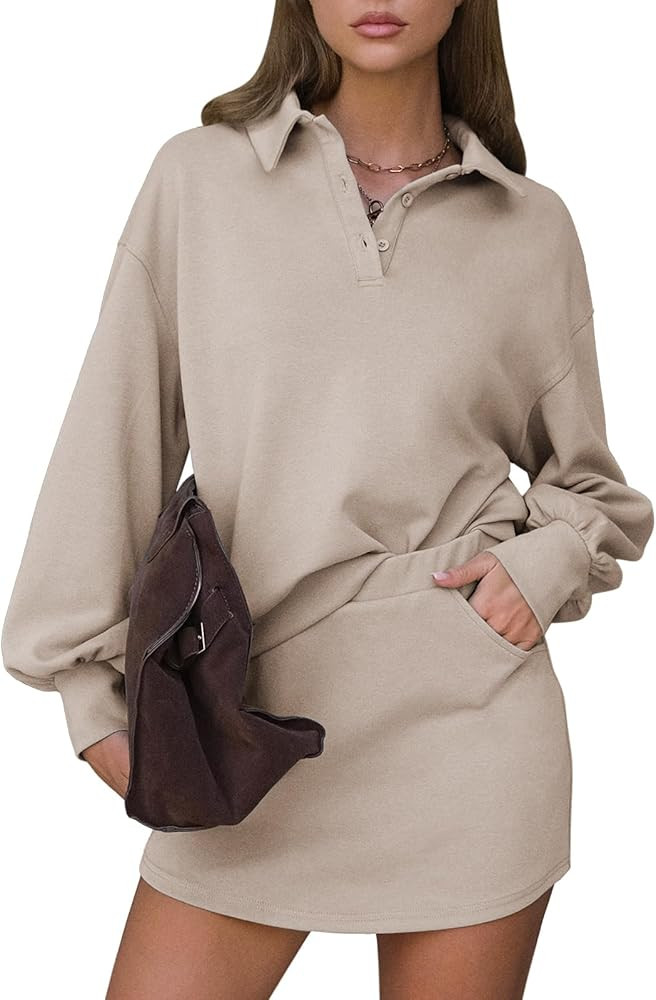 EXLURA Womens 2 Piece Sets Polo Sweatshirt Skort Set Airport Long Sleeve Matching Workout Sets Te... | Amazon (US)