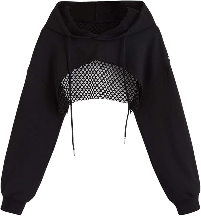 Verdusa Women's Hollow Out Fishnet Long Sleeve Drawstring Hoodie Super Crop Sweatshirt | Amazon (US)
