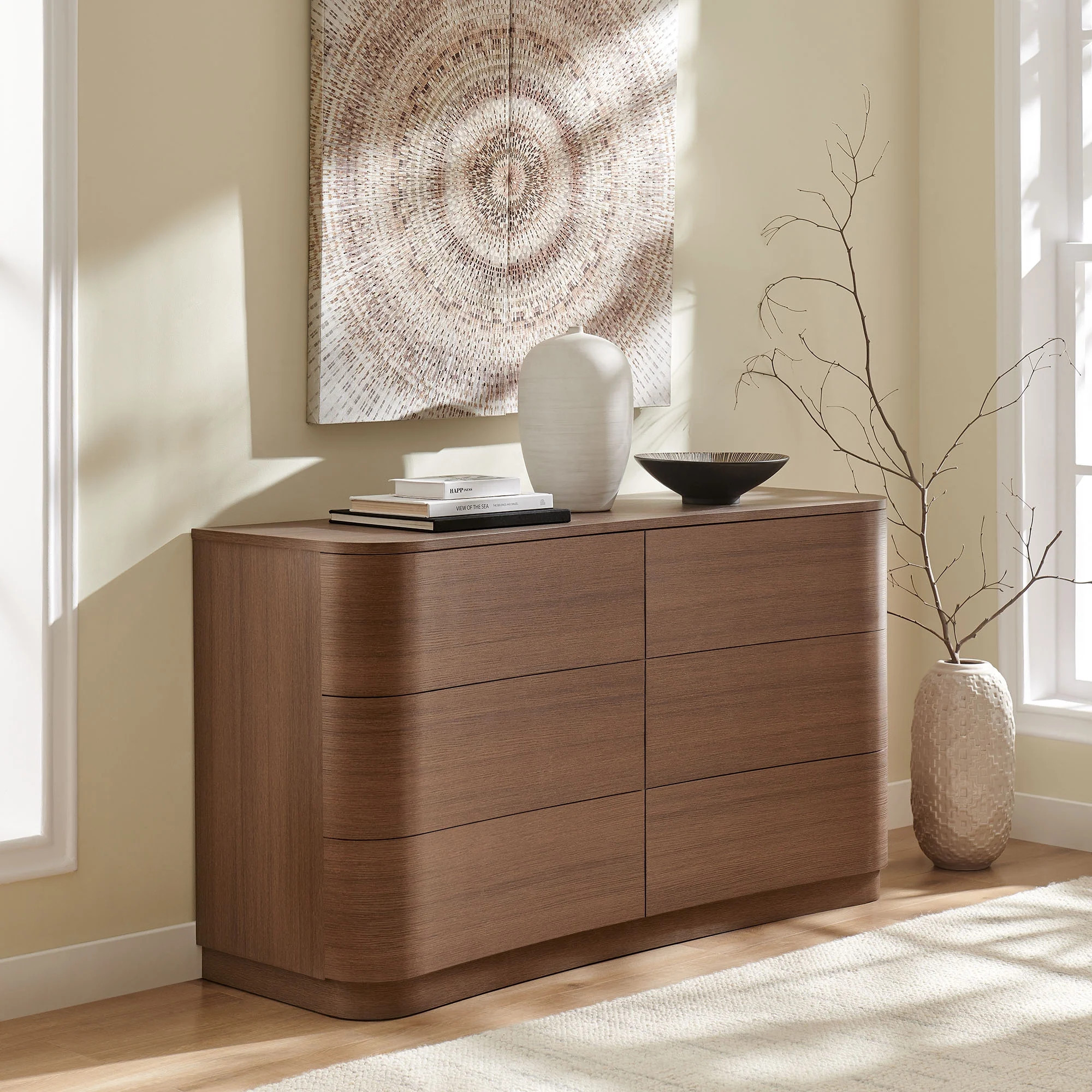 Mirae 6-Drawer Curved Dresser in Brushed Brown Oak | Walmart (US)