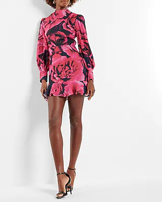 Floral Mock Neck Puff Sleeve Ruffle Mini Dress | Express
