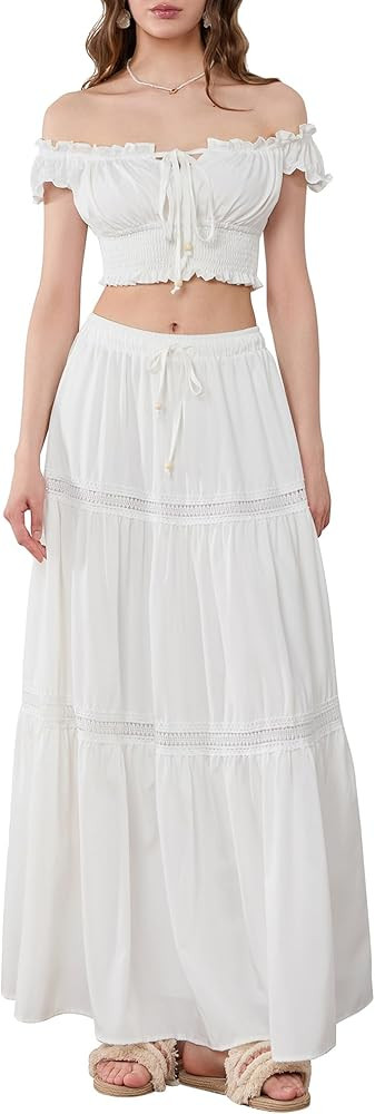 Women Summer Y2k Long Skirts 2 Piece Outfits Patchwork Front Tie-Up Ruched Ruffle Camisoles Maxi ... | Amazon (US)