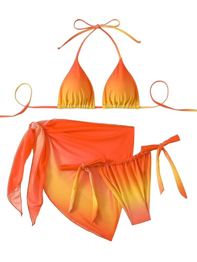 SEGT Women's 3 Piece Swimsuit Triangle Halter Side Tie Thong Bikini Set with Cover Up Skirt | Amazon (US)