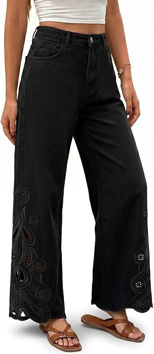 Women's Embroidered Wide Leg Jeans High Waisted Denim     Women's high waisted wide leg jeans wit... | Amazon (US)