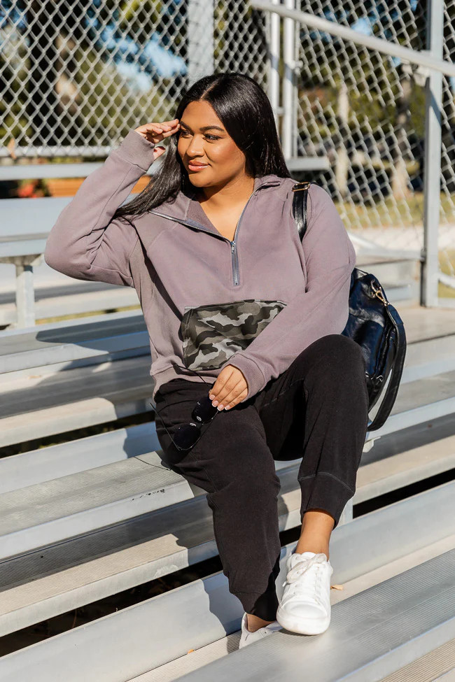 Making It Look Easy Camo Ribbed Shoulder Quarter Zip Pullover DOORBUSTER | Pink Lily
