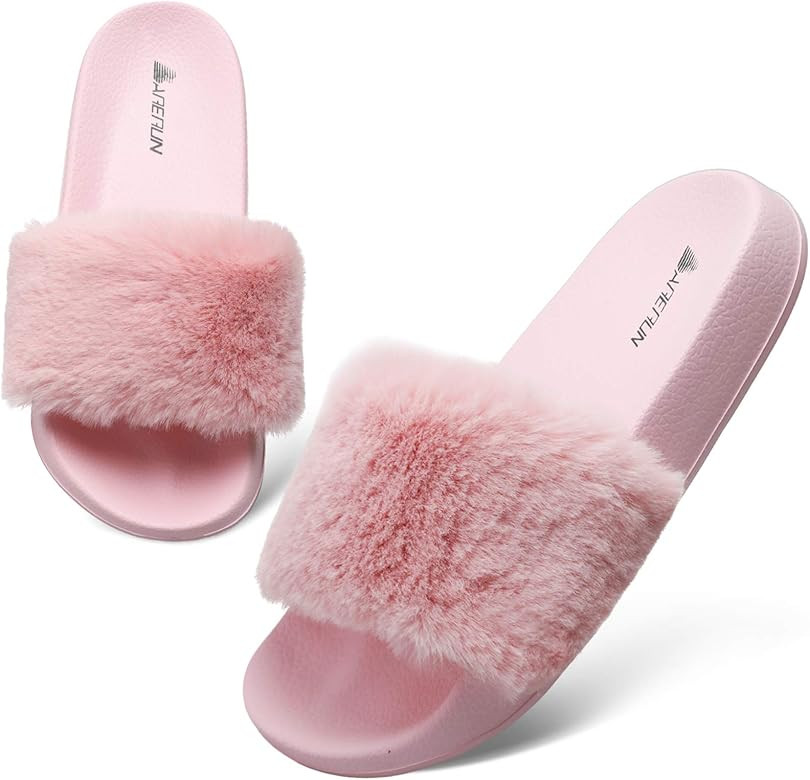 Women's Fuzzy Faux Fur Flat Spa Slide Slippers Open Toe House Indoor Shoes Sandals | Amazon (US)