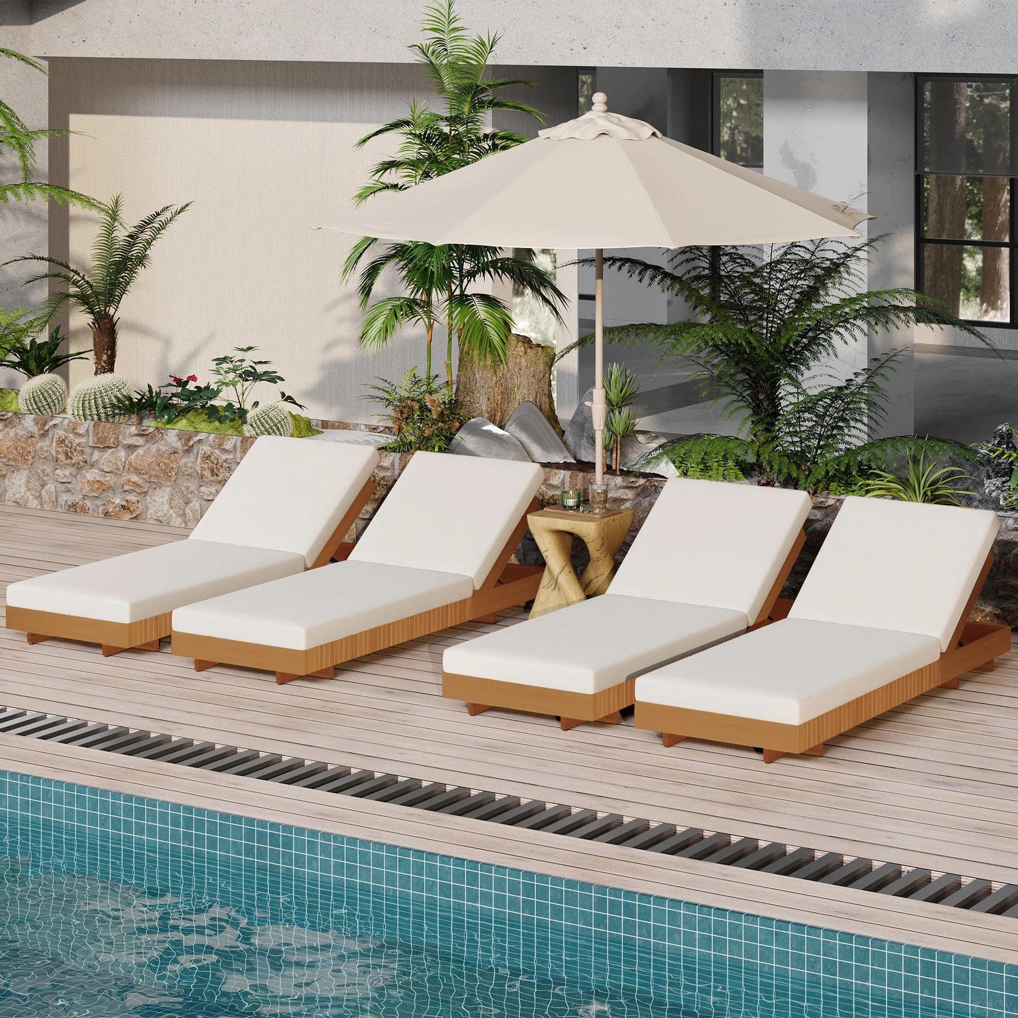 Lounge Chaise Set, Acacia Solid Wood With Lounge Cushion | Wayfair North America