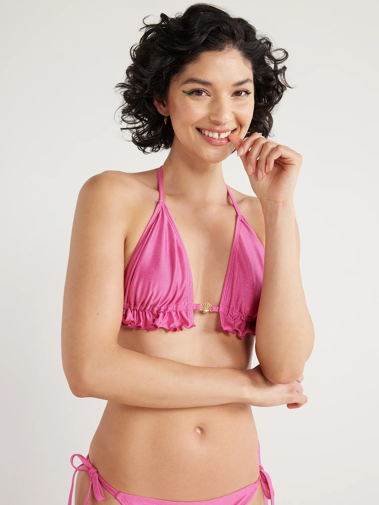 No Boundaries Juniors’ Lurex Jacquard Ruffle Triangle Bikini Top, Sizes S-XL - Walmart.com | Walmart (US)