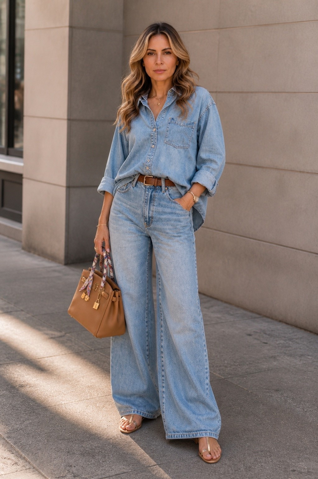 Denim on denim, but make it chic 🤍✨
Obsessed with this effortless look — oversized shirt + wide leg jeans = the perfect balance.
Styled with gold sandals and a classic bag for that elevated everyday vibe.