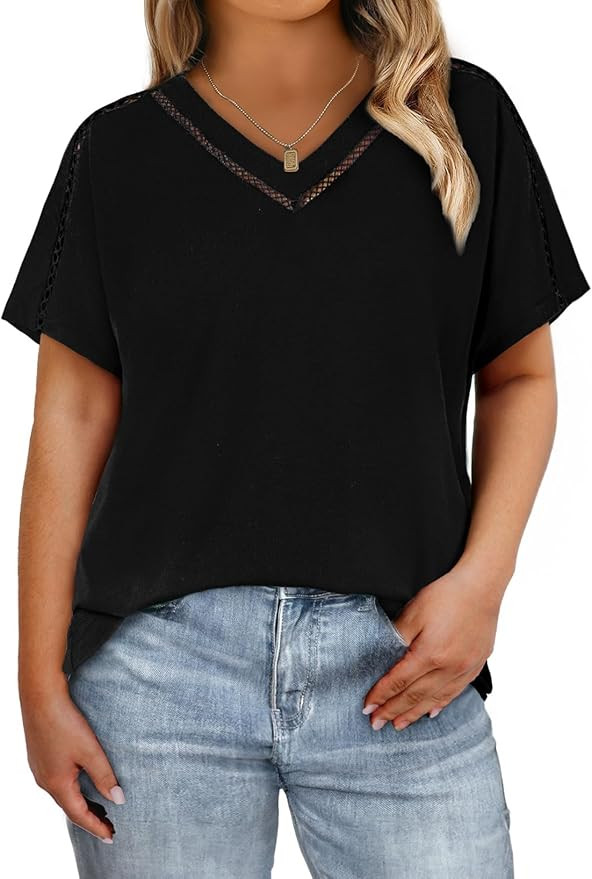 Eytino Womens Plus Size Tops V Neck Short Sleeve Casual Loose Blouses Hollow Out Summer Shirts(1X... | Amazon (US)