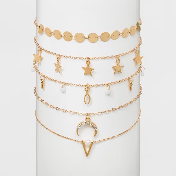 Choker with Star, Discs and Beaded Necklace Set 5ct - Wild Fable™ Gold | Target