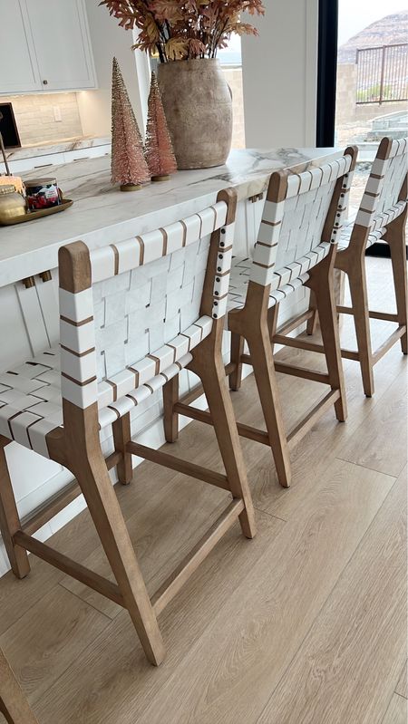 White kitchen counter stools. Bar stools. Pottery barn counter stool. Signature chalk leather with seadrift finish 

#LTKhome