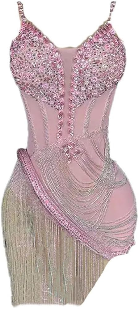 Pulcykp Women Rhinestone Evening Dresses Slim Sexy Club Dress Rhinestone Sexy Fringe Latin Dance ... | Amazon (US)