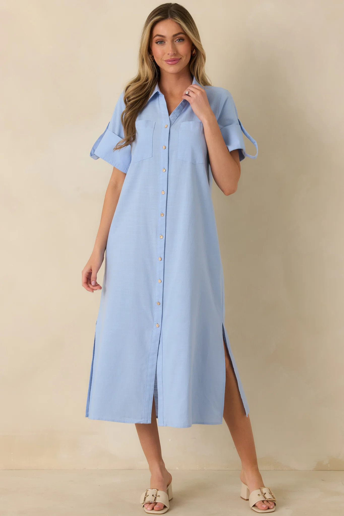 Show Me the Way Light Blue Cotton Button Front Midi Shirt Dress | Red Dress