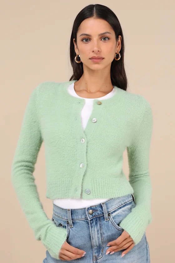 Cozy Sweetness Mint Green Eyelash Knit Cropped Cardigan | Lulus