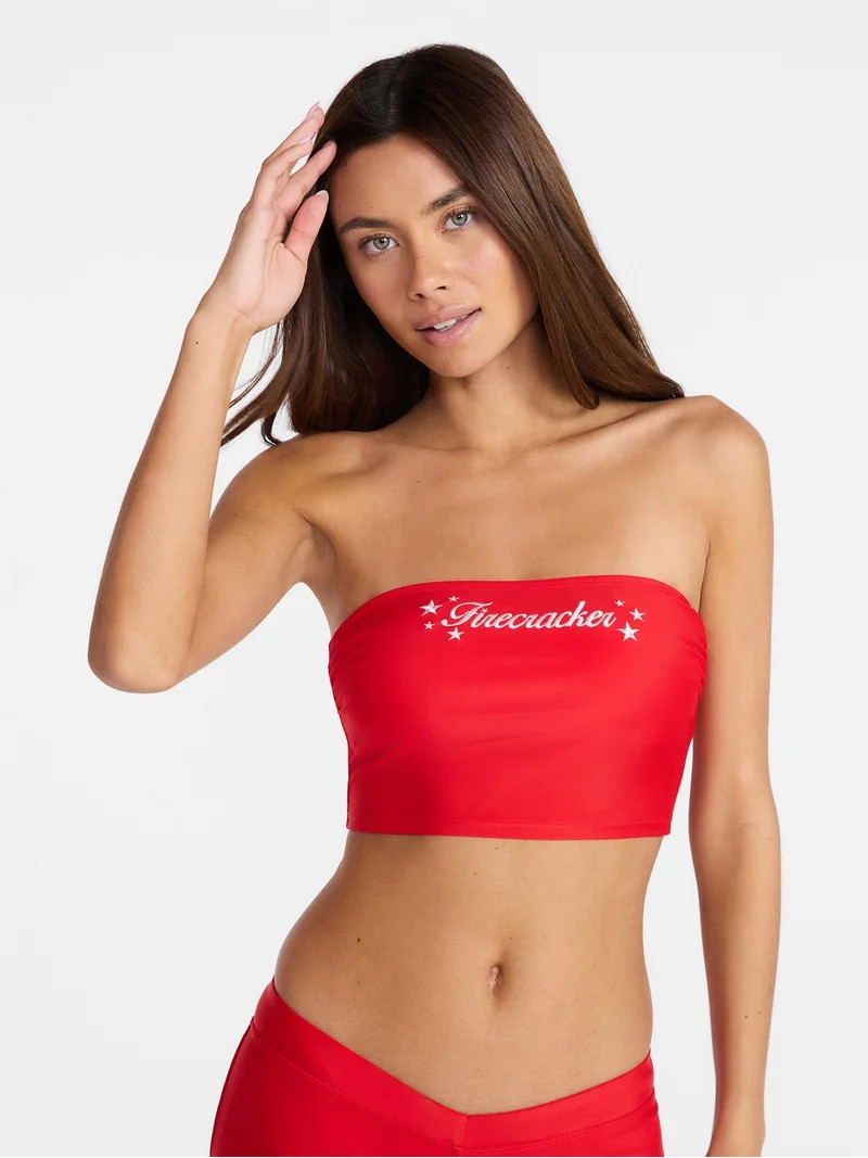 No Boundaries Embroidered Red Bandeau Cropped Tankini Swim Top, Women's XXS-XXL | Walmart (US)