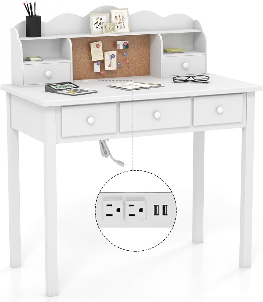 White Writing Desk with Hutch and Drawers, 36 Inch Home Office Desk with Charge Station, Computer... | Amazon (US)