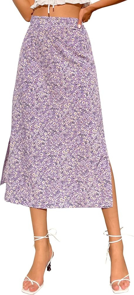 LYANER Women's Casual Print Side Split High Waist Zipper Midi Skirt | Amazon (US)