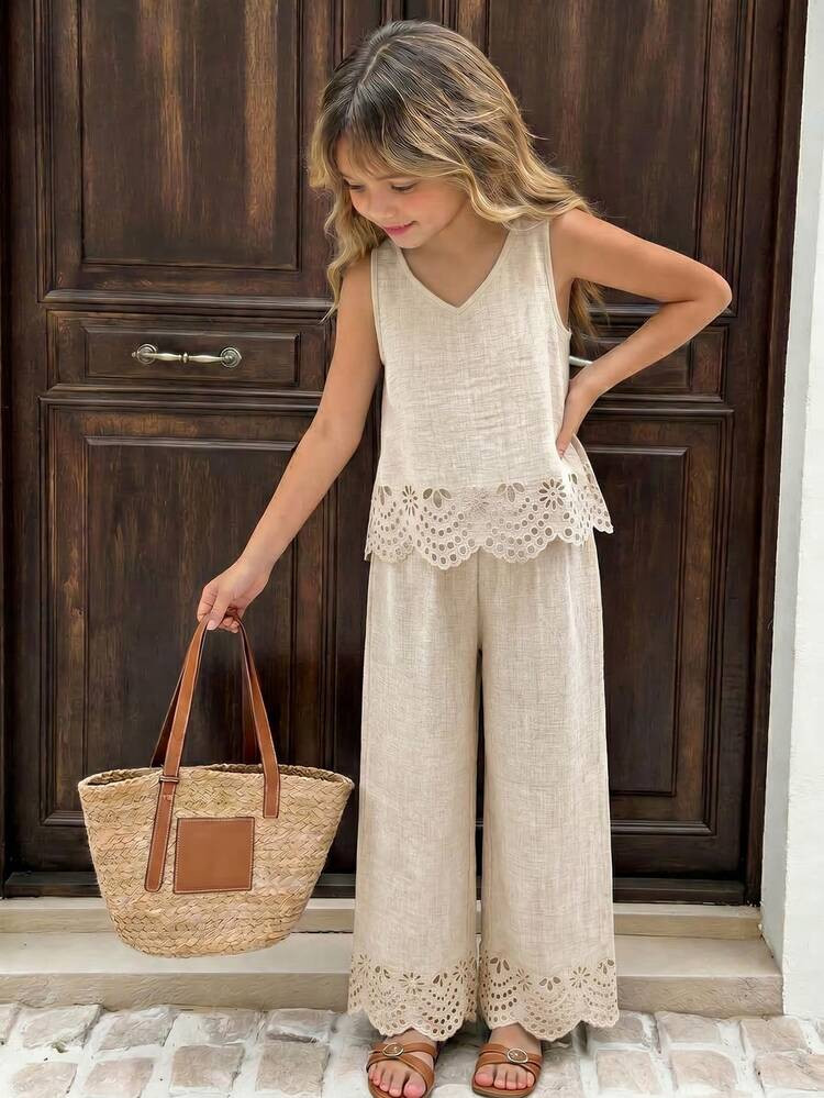 SHEIN Sparklyn Set de 2 piezas Conjunto informal de ni\u00f1a con parte superior sin mangas de pu... | SHEIN