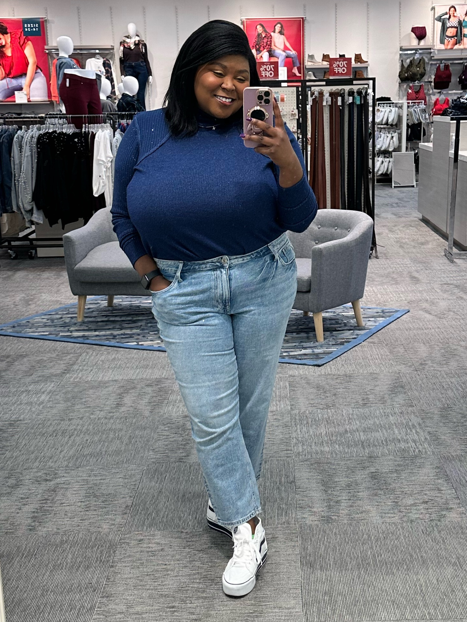 Sparkly blue top, with soft sparkle (rhinestone) denim. Chunky high top vans. Simple yet chic OOTD 

#LTKmidsize #LTKplussize #LTKshoecrush